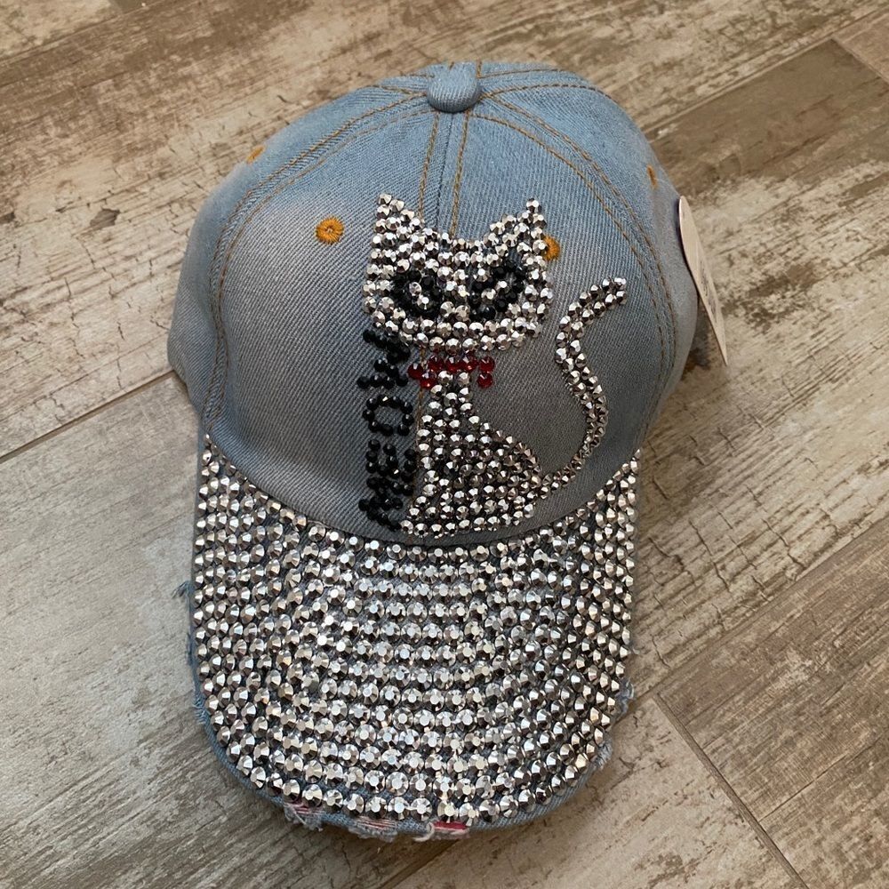 Cat Rhinestone Denim Cap 